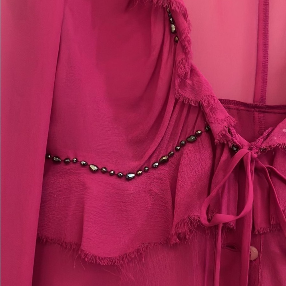 Y2K vintage Guess silk Fuchsia Ruffled Tie Front Blouse - Picture 2 of 6